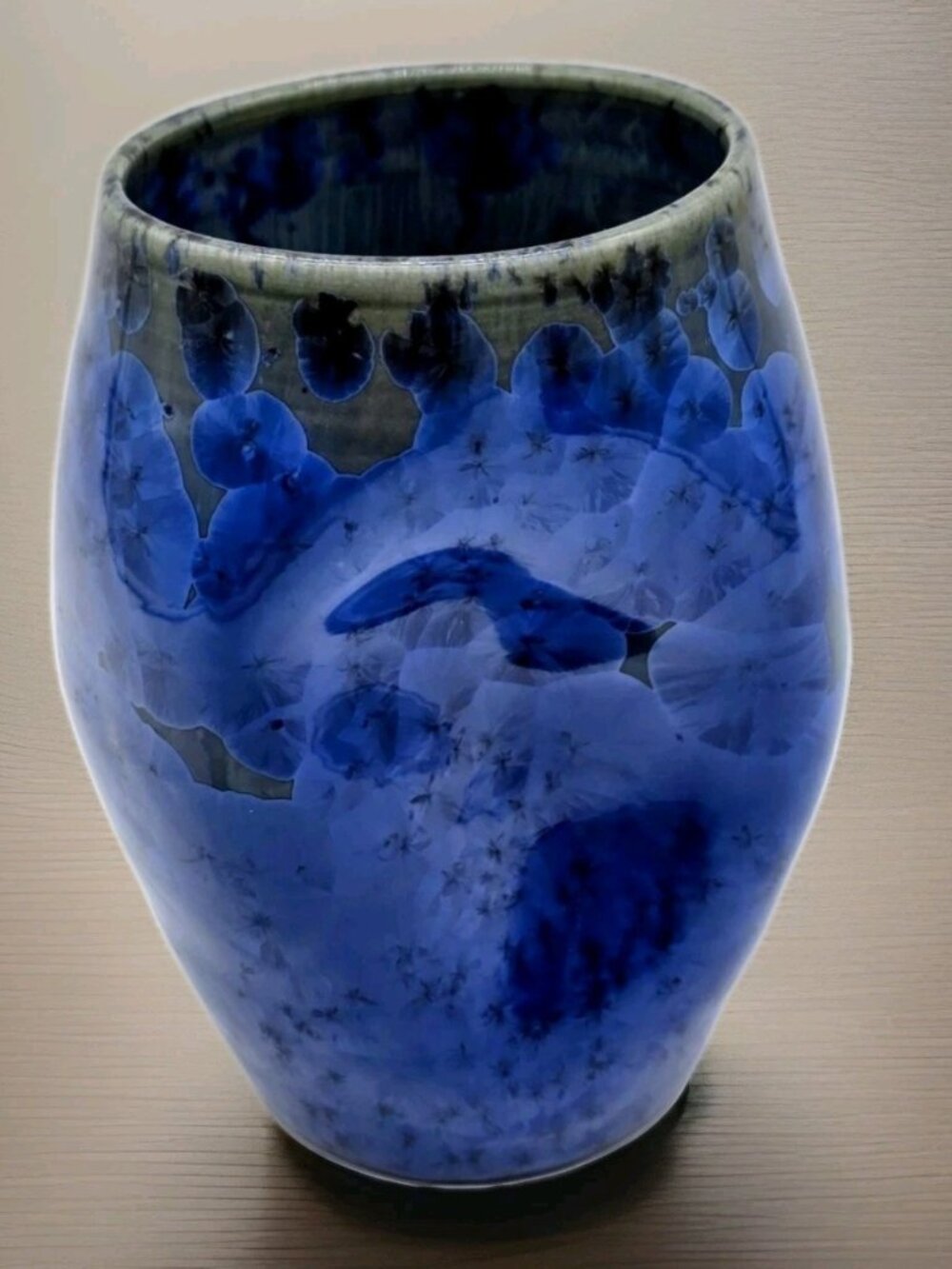 Vintage Blue Crystalline Glaze Studio Art Pottery Pinched Vase Signed Boho MCM